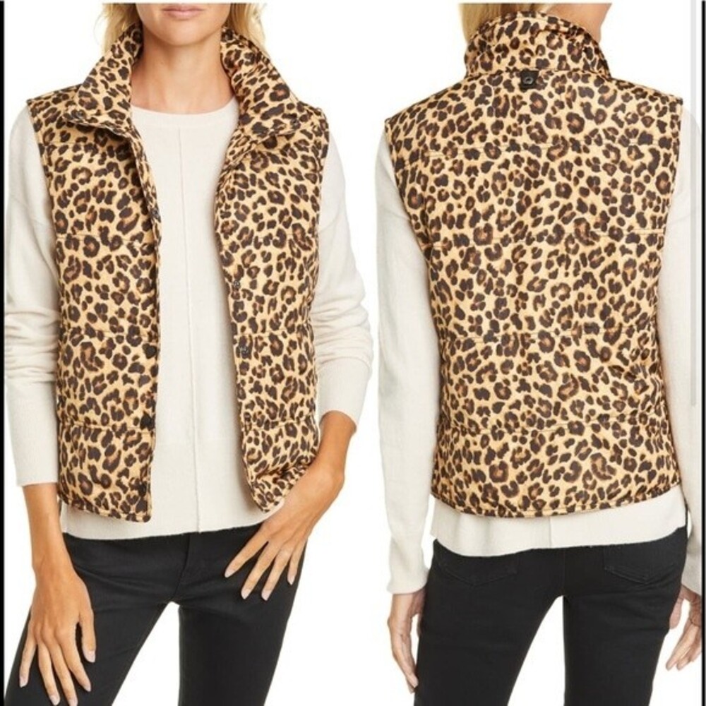 Veronica Beard Snap Front Puffer Vest Brown Leopard - Picture 5 of 10